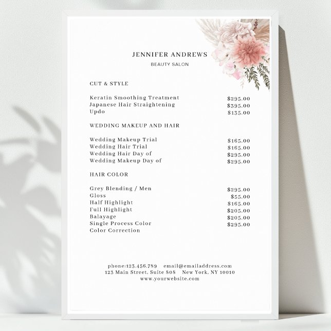 Póster de lista de precios floral moderno (Floral Minimal Salon Price List Poster)
