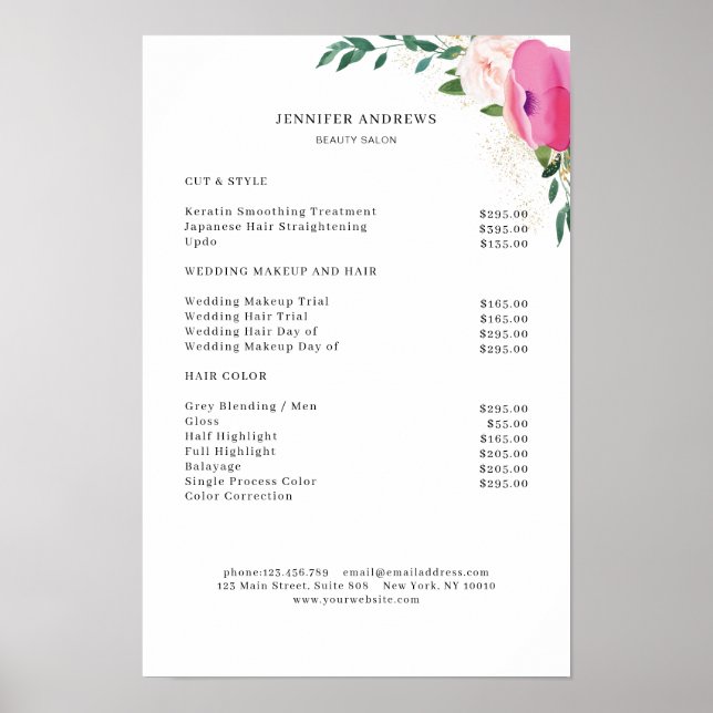 Póster de lista de precios floral moderno (Frente)