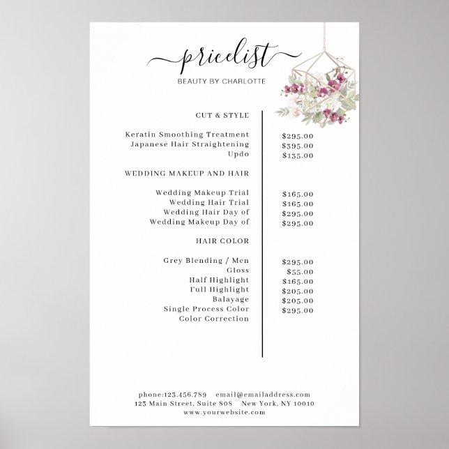 Póster de lista de precios floral moderno (Frente)