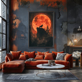 Póster de Lobo Aullador con Luna de Sangre y Bosqu