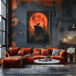 Póster de Lobo Aullador con Luna de Sangre y Bosqu