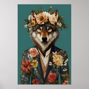 Póster de lobo con traje, retrato de lobo, lobo en
