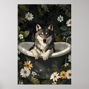 Póster de lobo en bañera, Póster divertido de anim