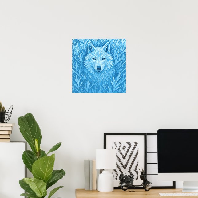 Póster de lobo geométrico azul fresco para pared a (Oficina en casa)