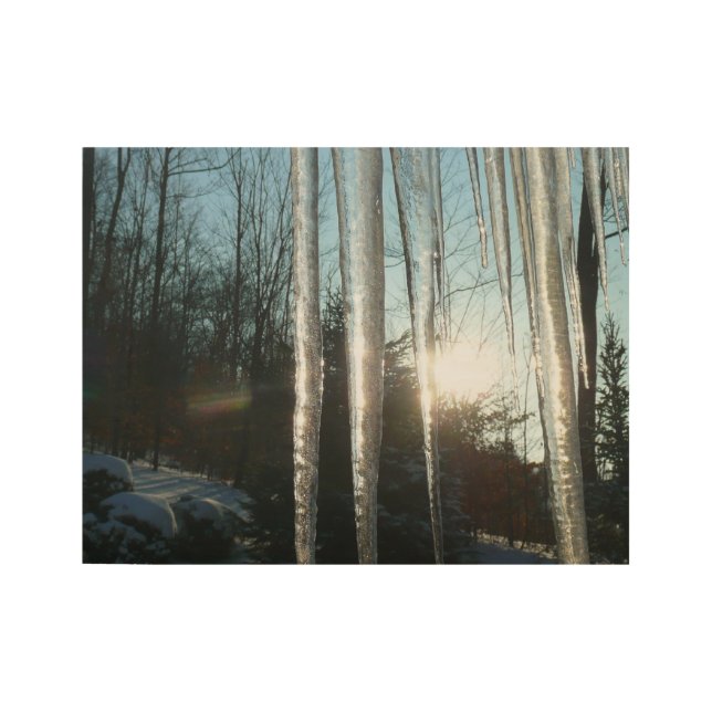 Póster De Madera Sunrise Through Icicles Winter Nature Photography (Anverso)