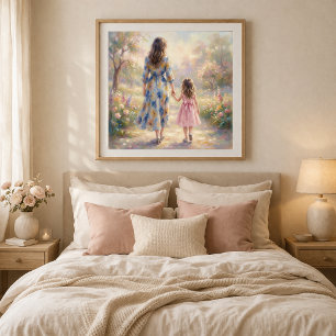 Póster de madre e hija pequeña caminando