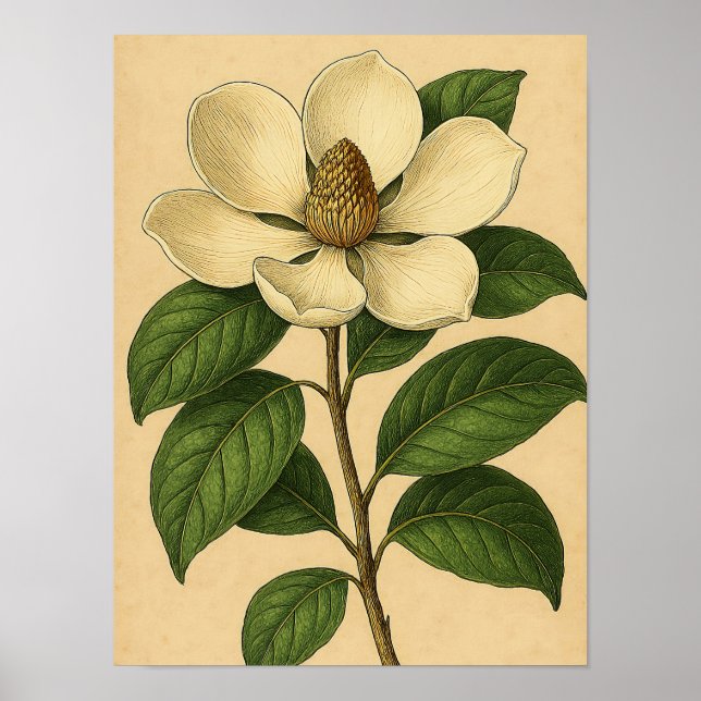 Póster de Magnolia Vintage sobre Papel Desgastado (Frente)