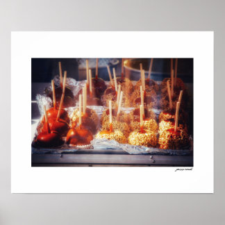 Póster de manzanas caramelizadas de la feria del c