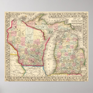 Póster de Mapa Antiguo de Michigan y Wisconsin 186