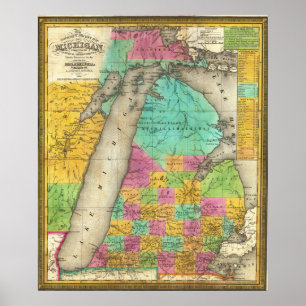 Póster de mapa antiguo del lago Michigan 1835