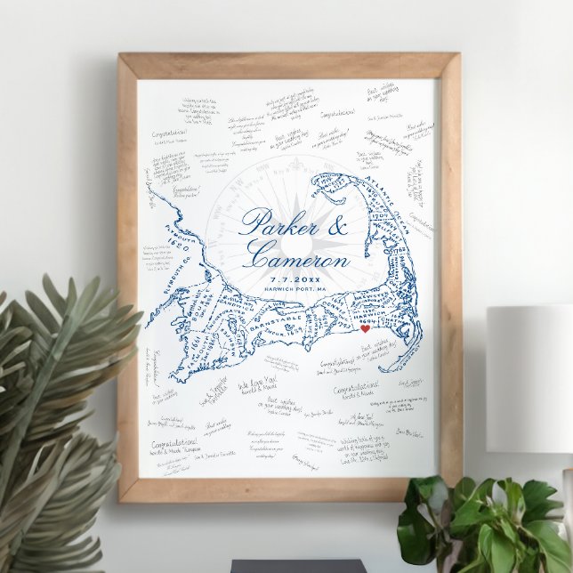Póster de Mapa de Cape Cod para Libro de Invitados (Wychmere Beach Club Cape Cod Alternative Guest Book Poster with Town Names by Concertina Press)