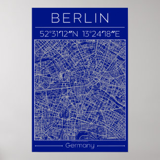 Póster de mapa de ciudad de Berlín en plano azul m