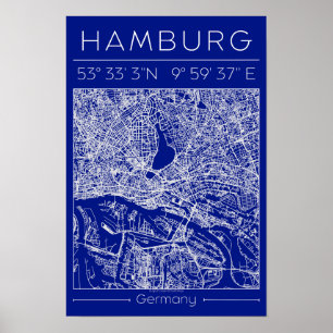 Póster de mapa de ciudad de Hamburgo en plano blue
