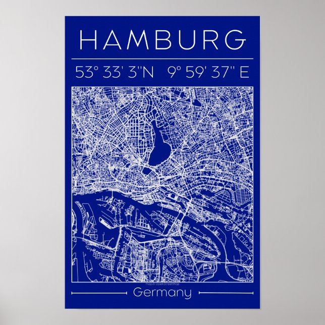 Póster de mapa de ciudad de Hamburgo en plano blue (Frente)