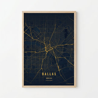 Póster de Mapa de Dallas de Oro Arte de Pared de T