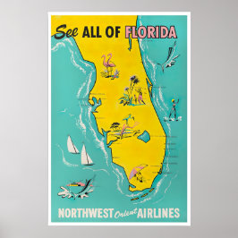 Póster de mapa de Florida Arte de viaje retro Flor
