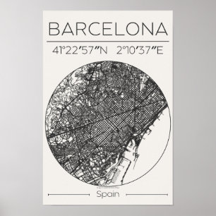 Póster de mapa de la ciudad de Barcelona en carbón