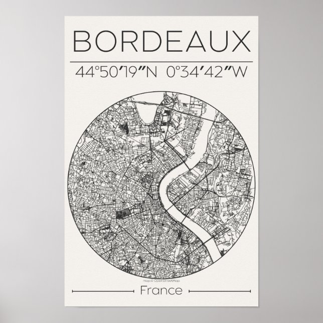 Póster de Mapa de la Ciudad de Bordeaux en Carbón  (Frente)