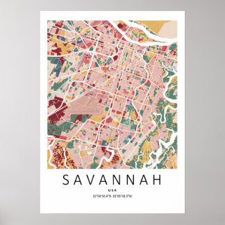 Póster de Mapa de Savannah Georgia | Arte de Pared