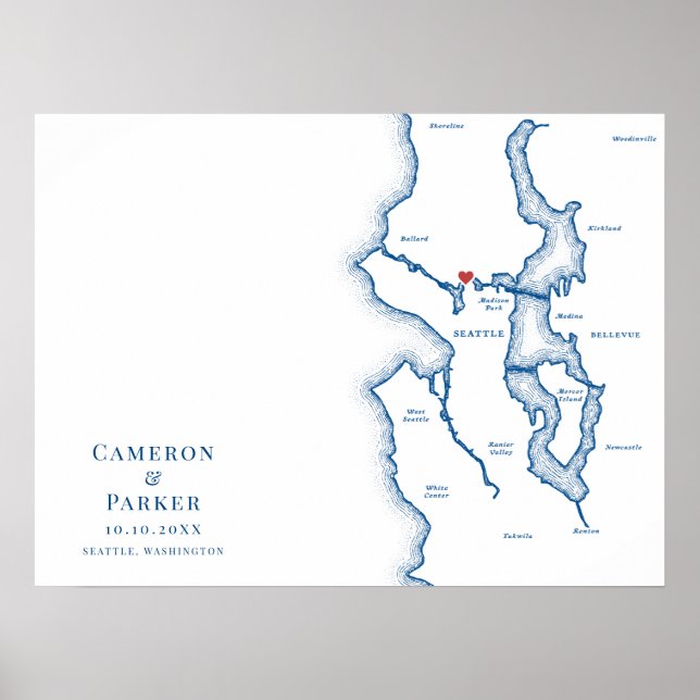 Póster de Mapa de Seattle Azul Marino Libro de Inv (Frente)