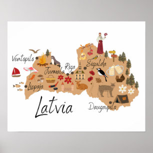 Póster de mapa de viaje de Letonia