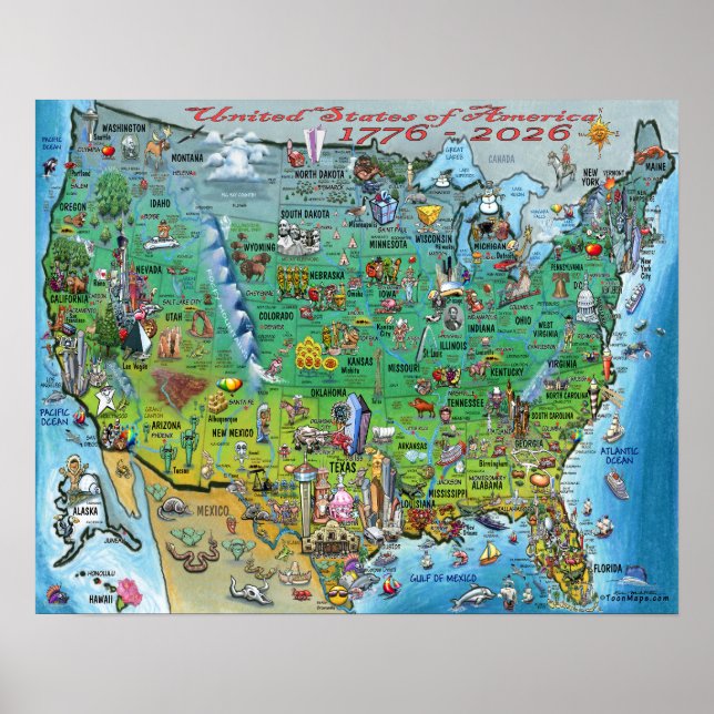 Póster de Mapa Divertido de Estados Unidos de Amér (Frente)