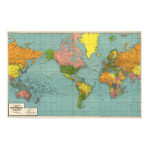 Póster de mapa mundial centrado en América vintage