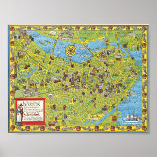 Póster de mapa pictórico vintage de Boston 1955