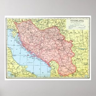 Póster de mapa político antiguo de Yugoslavia vint