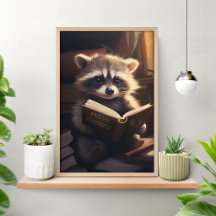 Póster de Mapache Adorable Leyendo un Libro