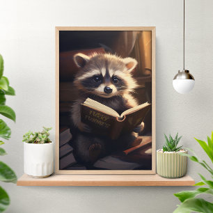 Póster de Mapache Adorable Leyendo un Libro
