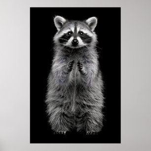 Póster de mapache blanco y negro adorable de pie
