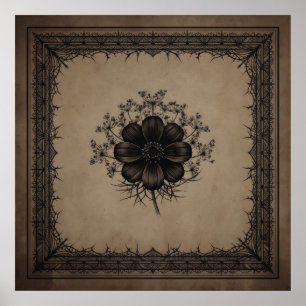 Póster de marco de espina floral sepia oscura