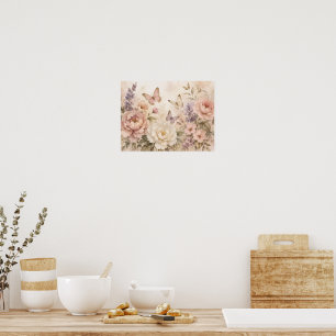 Póster de mariposa y floral acuarela