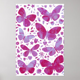 Póster de mariposas acuarela magenta rosa