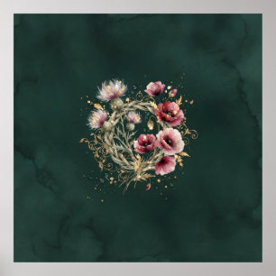 Póster de medallón floral de amapola teal cardo