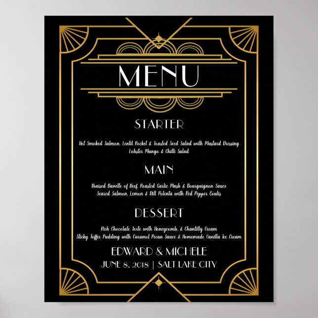 Póster de menú Art Deco boda hotel (Frente)