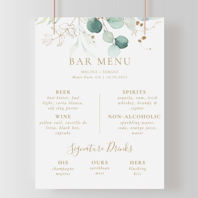 Póster de menú de bar de boda con eucalipto verde  (Subido por el creador)