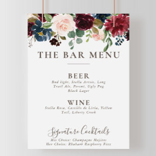 Póster de menú de bar de boda de flores clásicas e