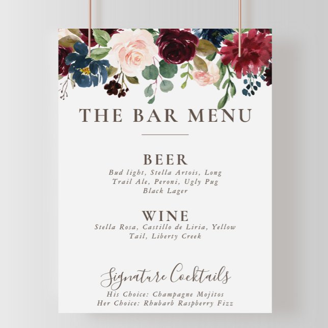 Póster de menú de bar de boda de flores clásicas e (Subido por el creador)