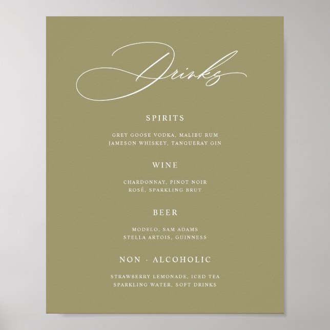 Póster de menú de bar de boda verde matcha minimal (Frente)