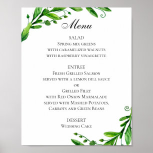 Póster de menú de boda verde. Menú de cena de vera