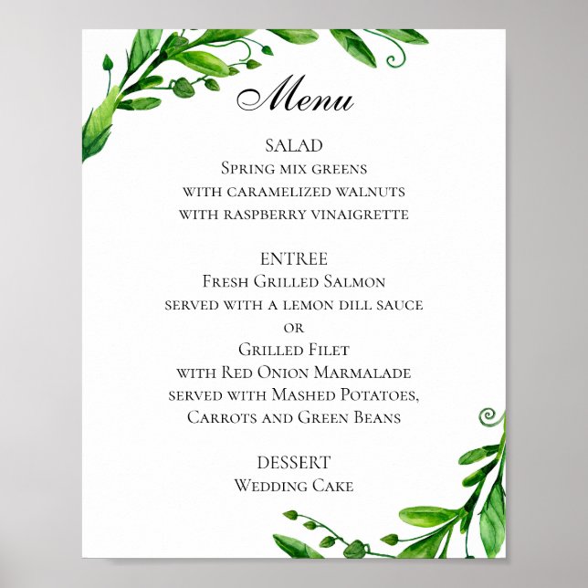 Póster de menú de boda verde. Menú de cena de vera (Frente)