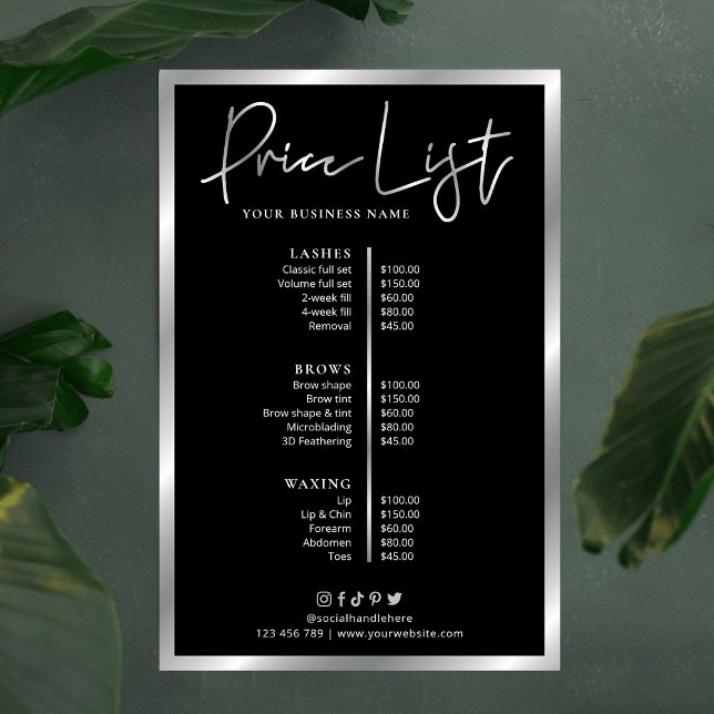 Póster de menú de precios de negocio moderno negro (Black and silver beauty salon, spa or small business pricing list poster)