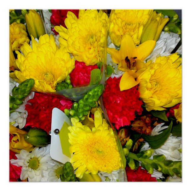 Poster de mezcla de flores rojas amarillas y verde (Anverso)