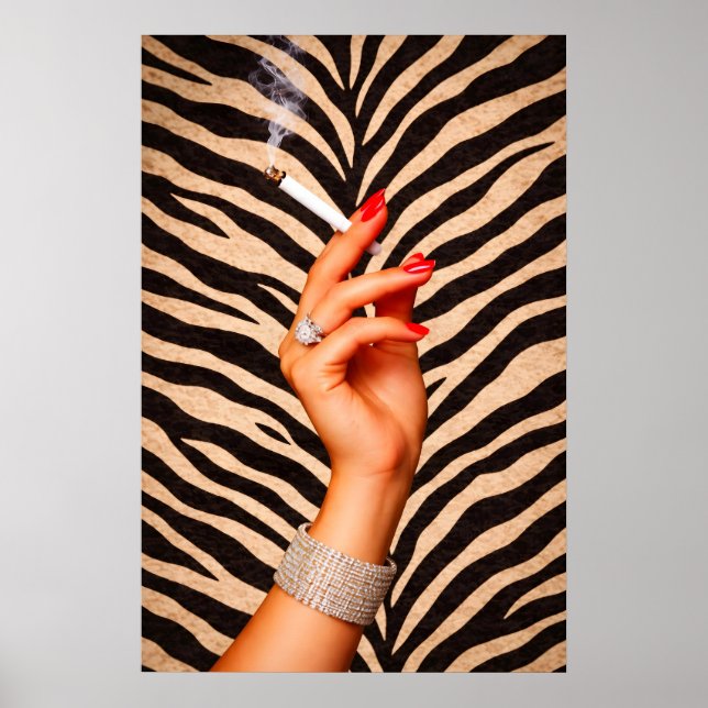 Póster de moda glamuroso de cebra, mano de cigarri (Frente)
