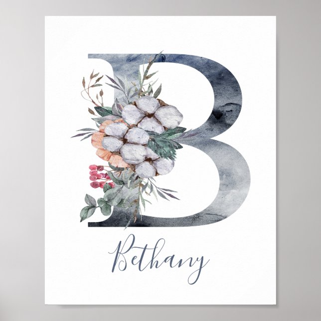 Póster de monograma de acuarela floral azul B apel (Frente)