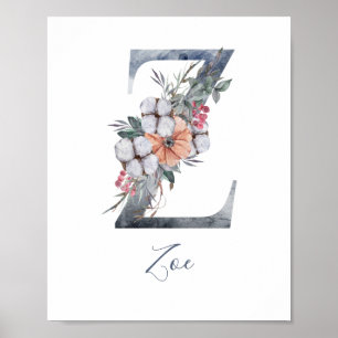 Póster de monograma de acuarela floral azul Z apel