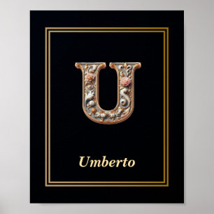 Póster de monograma de letra U barroca de lujo