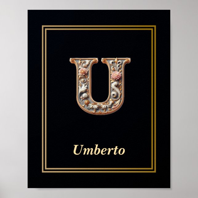 Póster de monograma de letra U barroca de lujo (Frente)